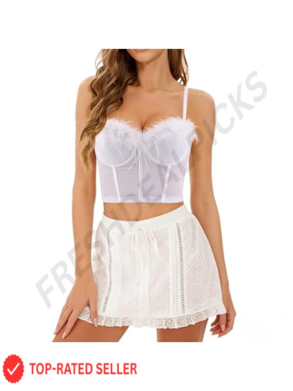 Faux Fur Trimmed V-Neck Crop Top Bustier Corset Mesh Sleeveless